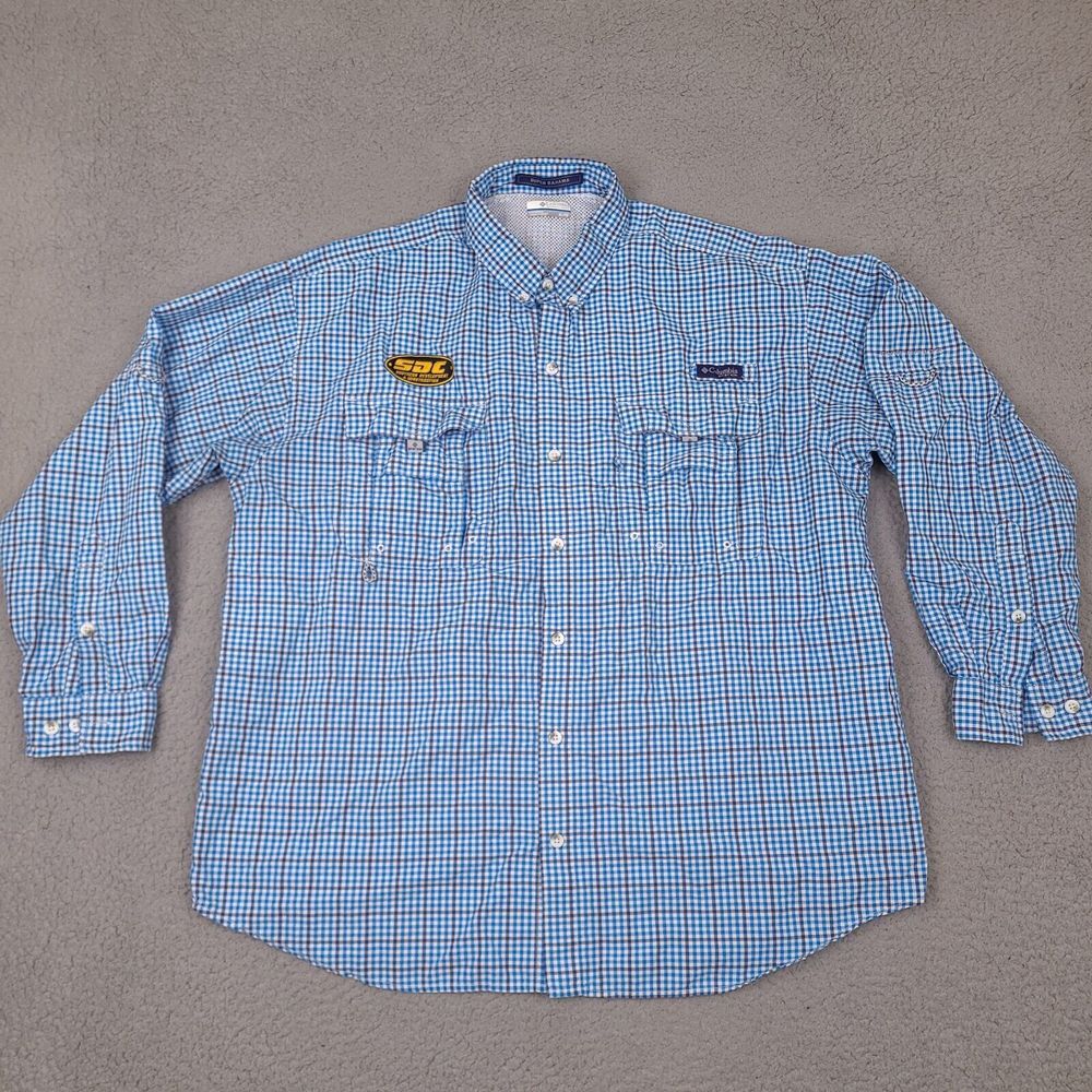 Columbia PFG Shirt Men XL Blue Long Sleeve Button Down Plaid Super Bahama Vented